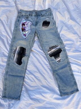 American Eagle OOAK Reworked Unicorn Sequin Patch Jeans Serape Distressed